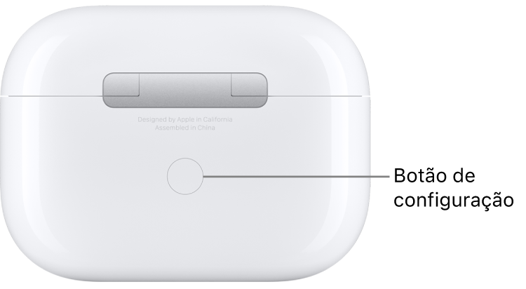 O botão de configuração no centro da parte traseira do estojo de carga dos AirPods Pro.
