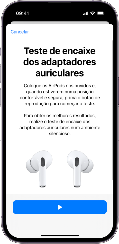 O ecrã de um iPhone a mostrar o “Teste de encaixe dos adaptadores auriculares” com os AirPods Pro 1.