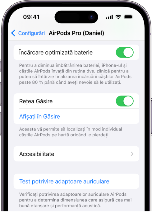 Configurările Bluetooth de pe un iPhone, afișând opțiunile pentru AirPods Pro (toate modelele). Opțiunea Rețea Găsire este activată, ceea ce permite localizarea individuală a căștilor AirPods pe hartă în eventualitatea pierderii acestora.