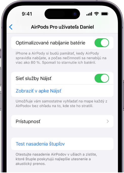 Nastavenia Bluetooth na iPhone zobrazujúce možnosti pre AirPody Pro (všetky modely). Sieť služby Nájsť je zapnutá, čo umožňuje zobraziť polohu jednotlivých AirPodov na mape vždy, keď sa stratia.