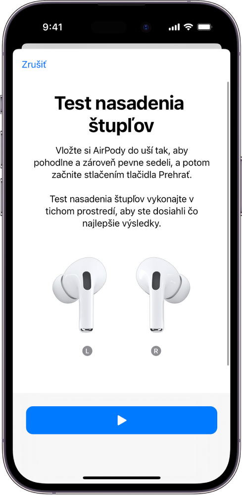Obrazovka iPhonu zobrazujúca test nasadenia štupľov pre AirPody Pro 1.