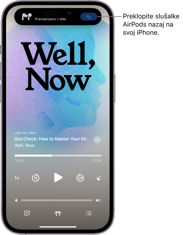 Zaklenjen zaslon v iPhonu s sporočilom na vrhu zaslona, v katerem piše »Premaknjeno v Mac« in gumbom za preklop slušalk AirPods nazaj na iPhone.