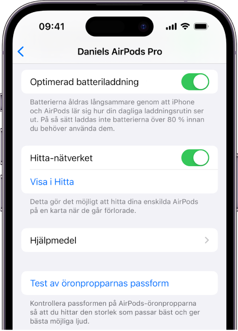Bluetooth-inställningarna på en iPhone med alternativ för AirPods Pro (alla modeller). Alternativet Hitta-nätverket är aktiverat så att det går att hitta AirPods en och en på en karta om de tappas bort.
