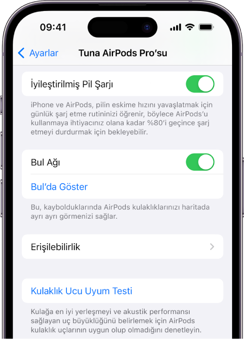 iPhone’da AirPods Pro (tüm modeller) seçeneklerini gösteren Bluetooth ayarları. AirPods kaybolduğunda kulaklıkların bir haritada tek tek bulunmasına izin veren Bul ağı seçeneği açık.