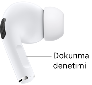 AirPods Pro 2 kulaklığında, AirPods’un her iki tekinde de sap kısmında yer alan dokunmatik denetiminin konumu.