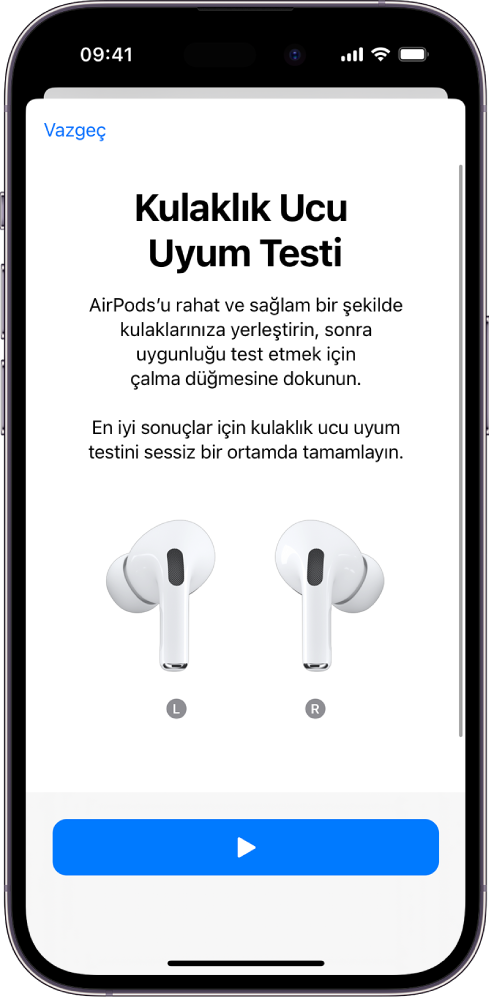 AirPods Pro 1 için Kulaklık Ucu Uyum Testi’ni görüntüleyen bir iPhone ekranı.