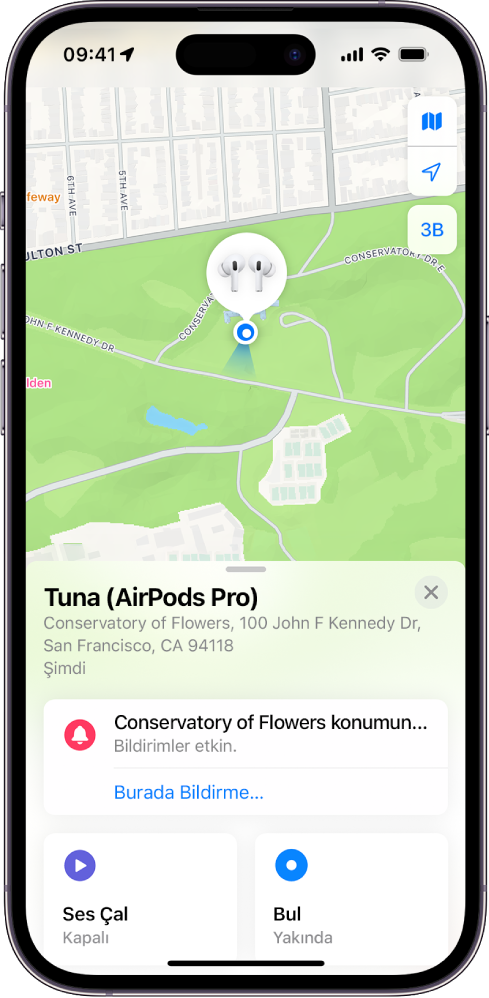iPhone’daki Bul uygulamasından bir ekran. AirPods Pro’nun konumu bir San Francisco haritası üzerinde gösteriliyor ve Ses Çal, Bul ve Bildirimler seçenekleriyle birlikte bir adres listeleniyor.