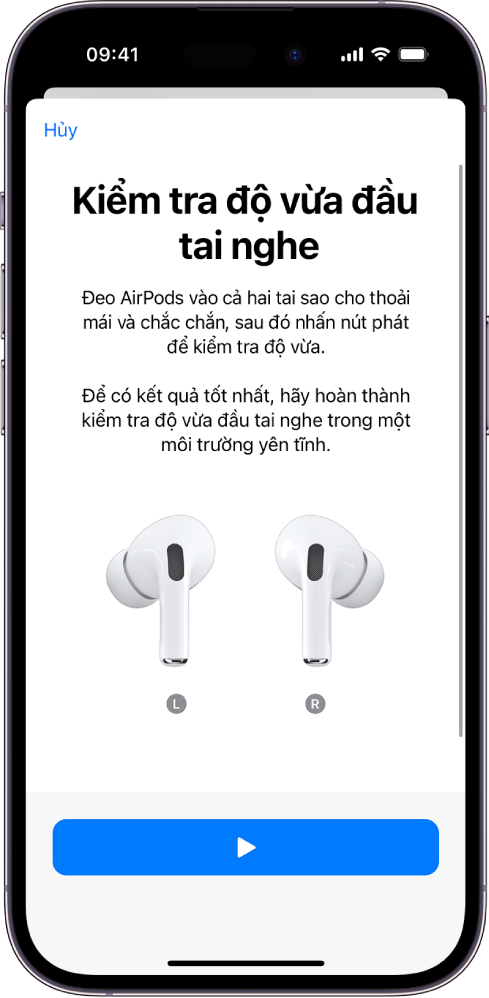 Một màn hình iPhone đang hiển thị Kiểm tra độ vừa đầu tai nghe cho AirPods Pro 1.