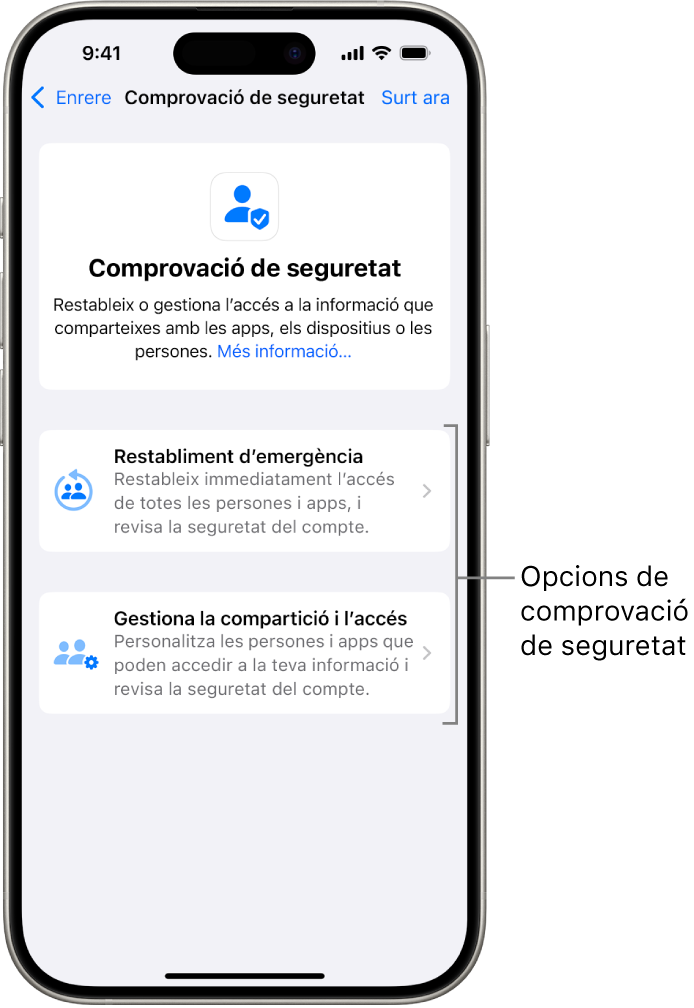 Pantalla de la comprovació de seguretat en què es mostren les dues opcions disponibles: “Restabliment d’emergència” i “Gestiona la compartició i l’accés”.