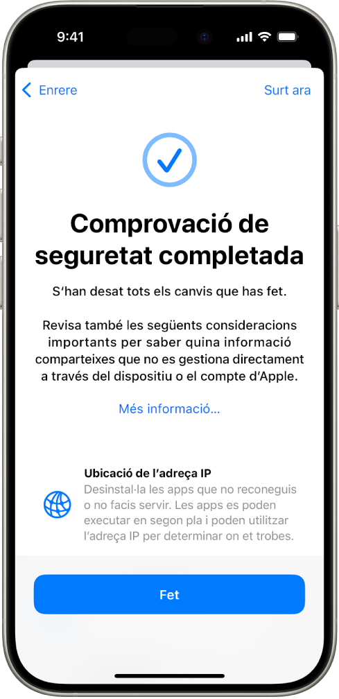 Pantalla en què es mostra que la comprovació de seguretat s’ha completat.