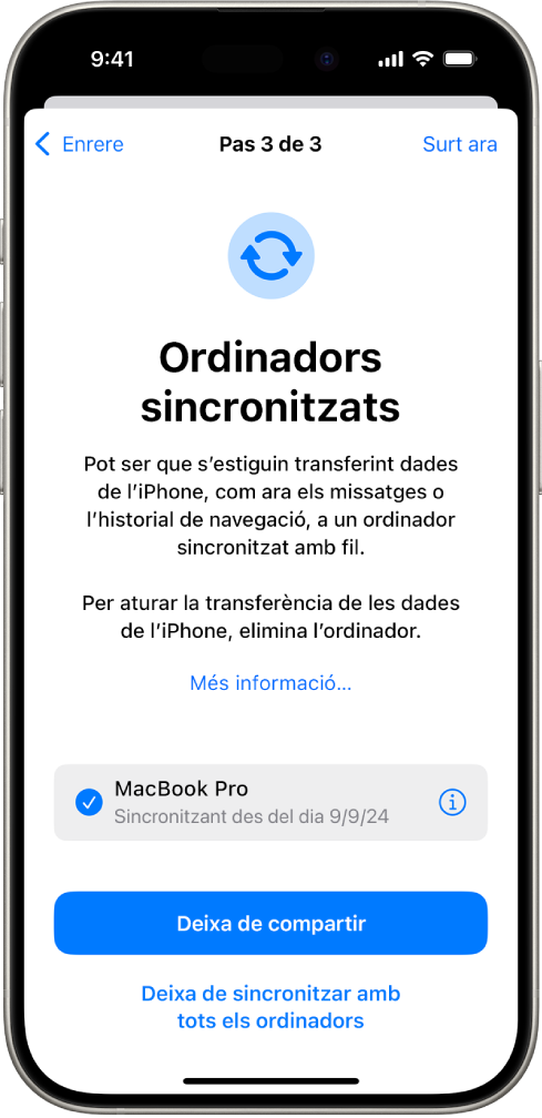 Pantalla d’un iPhone en què es mostra la pantalla d’ordinadors sincronitzats.