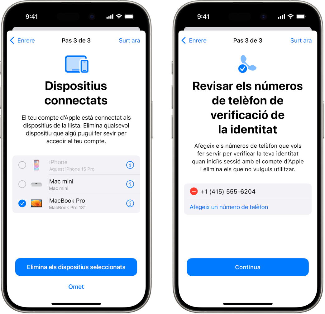 Dues pantalles d’iPhone en què es mostra (1) un dispositiu seleccionat que es vol eliminar dels dispositius de confiança i (2) una pantalla per editar els números de telèfon de confiança.