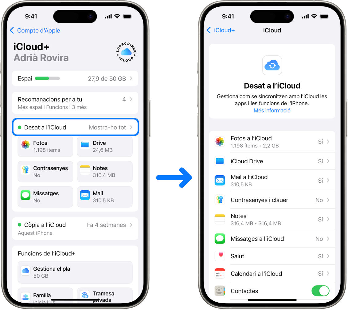 Un iPhone que mostra la sessió iniciada a un compte d’Apple i diversos serveis de l’iCloud activats.