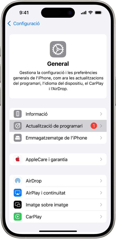 La pantalla de l’iPhone que mostra una actualització de programari disponible.