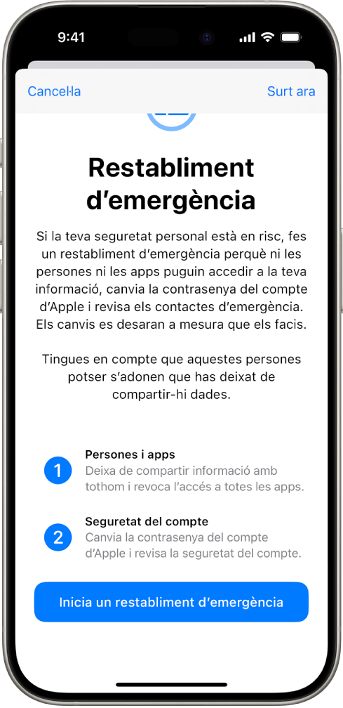Pantalla en què es mostra el botó per iniciar el restabliment d’emergència.