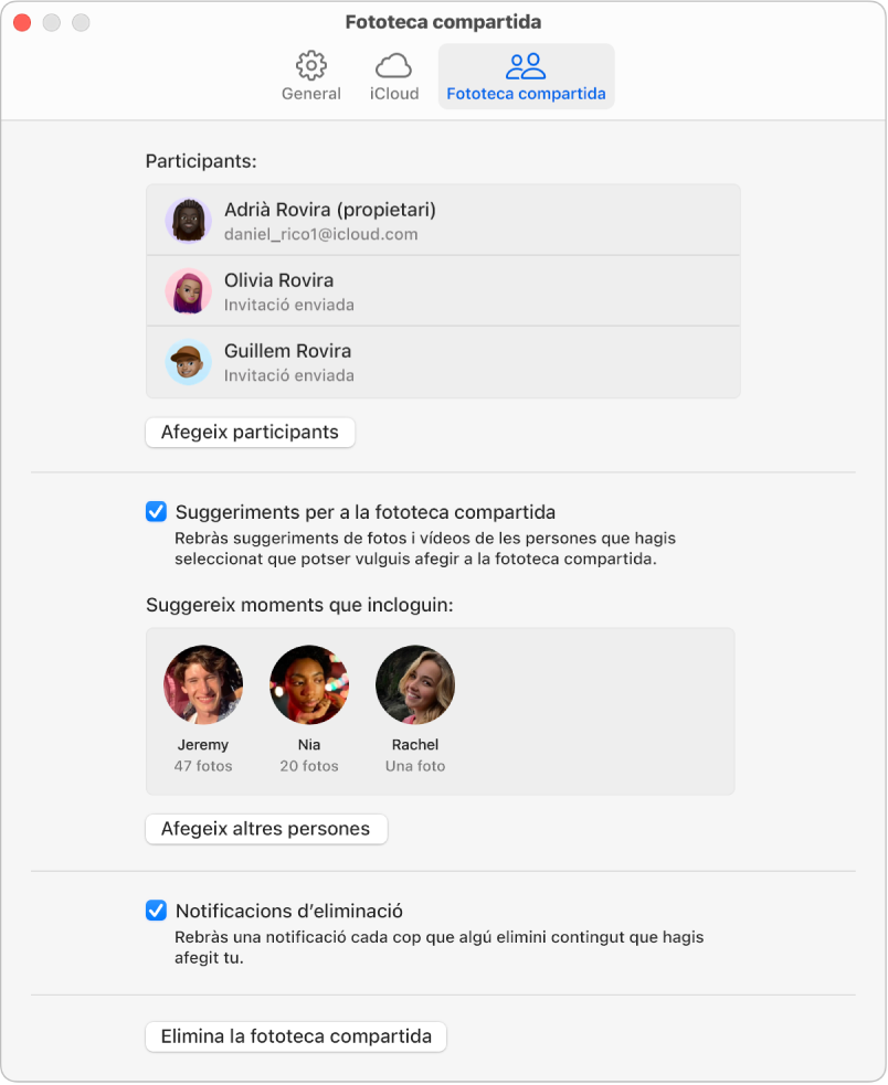 El tauler de fototeca compartida de la configuració de l’app Fotos.