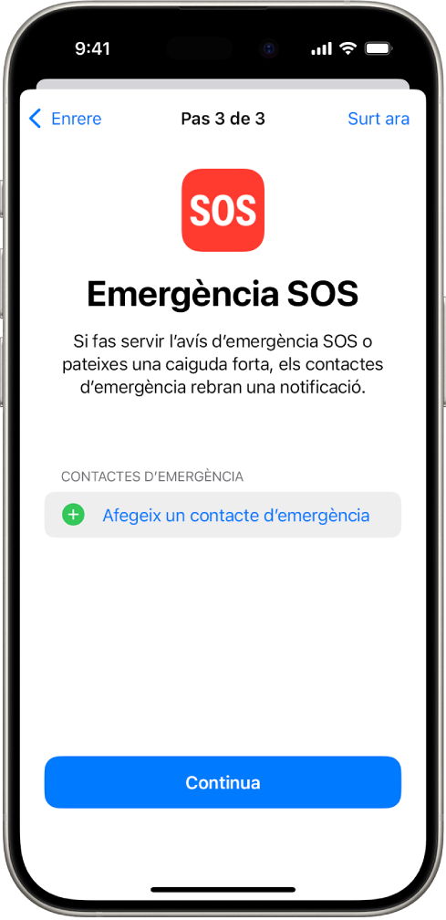 Pantalla d’un iPhone en què es mostra la pantalla de la funció “Emergència SOS”.