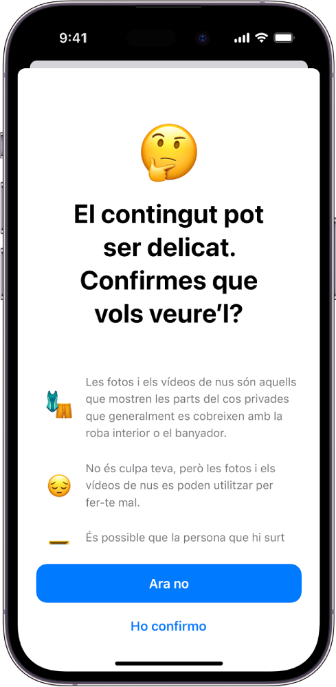 Un iPhone en què es mostra la pantalla d’avís de contingut delicat.