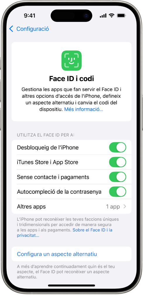 La pantalla del Face ID de l’iPhone mostra els diversos usos del Face ID, com ara el desbloqueig de l’iPhone, “iTunes i App Store”, “Cartera i Apple Pay” i “Autocompleció de la contrasenya”.