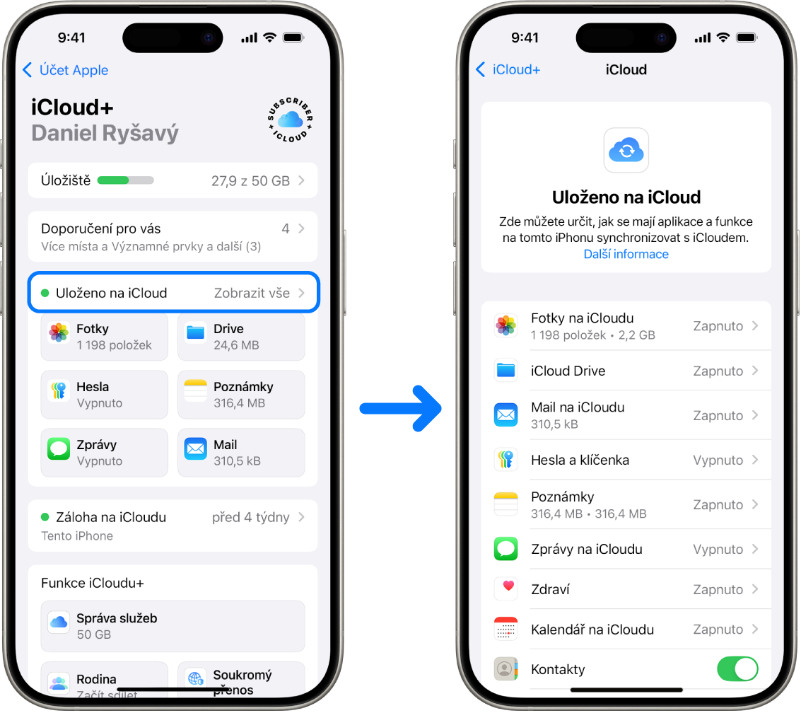 iPhone zobrazující přihlášený účet Apple a různé zapnuté služby iCloudu