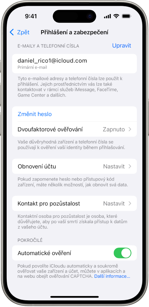 Displej iPhonu s vypnutým dvoufaktorovým ověřováním