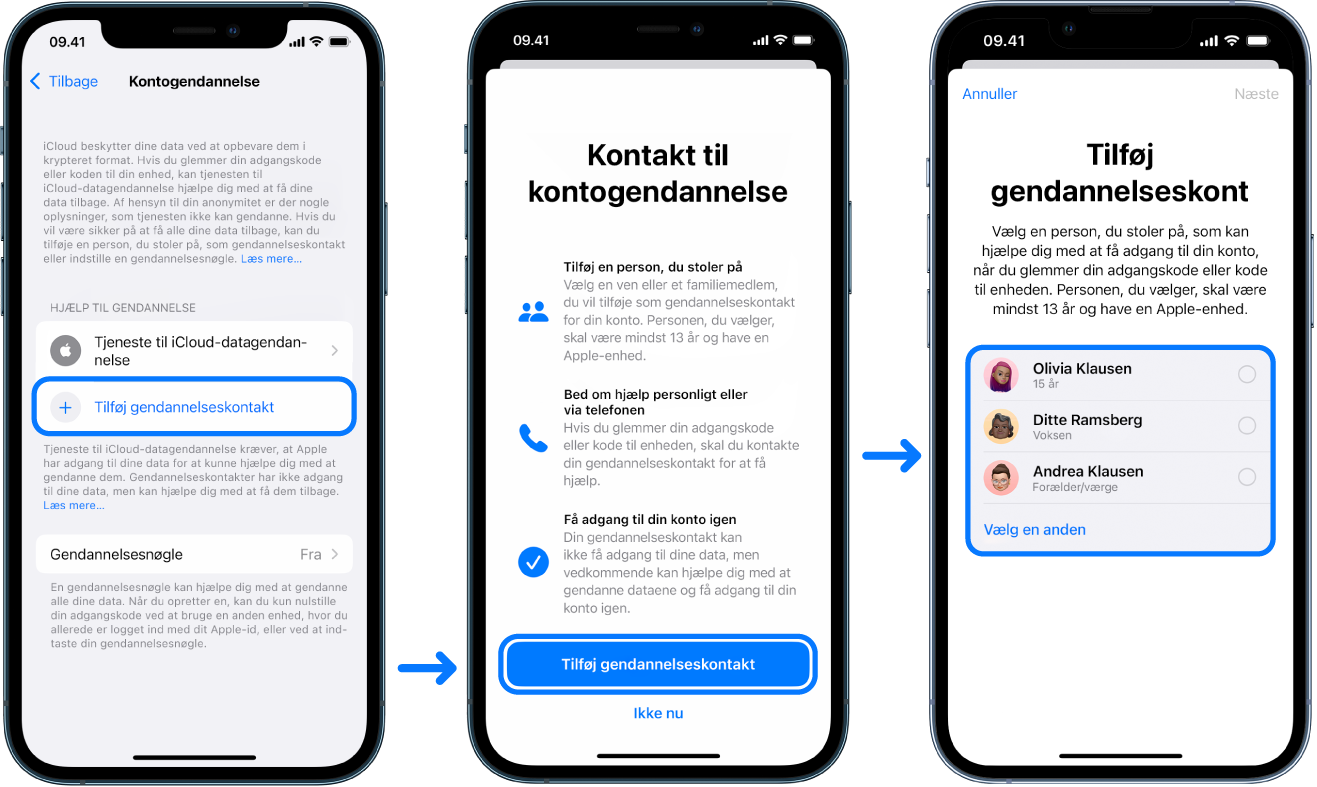 Tre iPhone-skærme, der viser, hvordan man tilføjer kontakter til kontogendannelse.