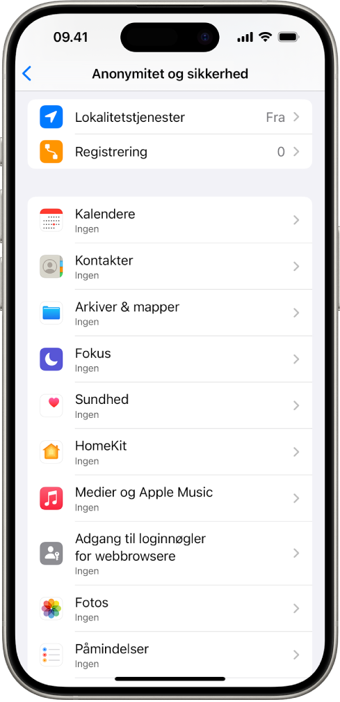 En iPhone, der viser skærmen Anonymitet & sikkerhed i Indstillinger.
