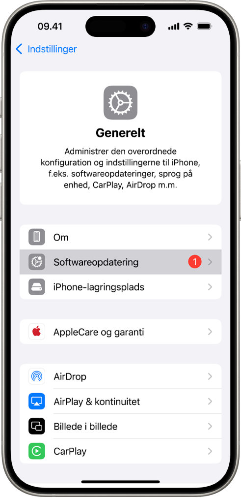Skærmen på iPhone, der viser, at der er en tilgængelig softwareopdatering.