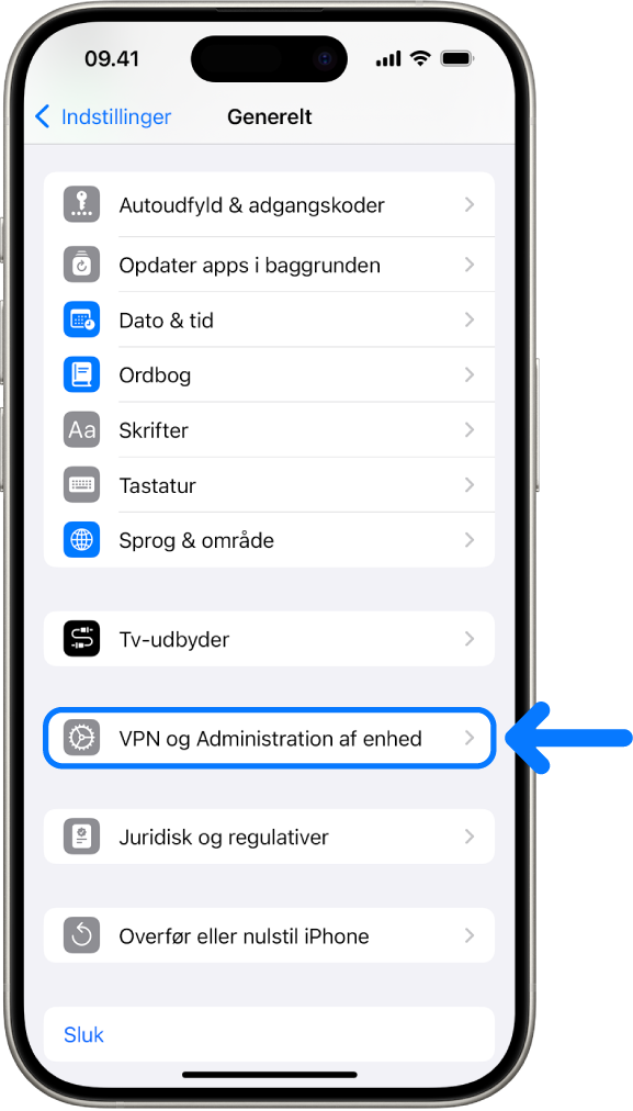 En iPhone-skærm, der viser, at VPN og Administration af enhed er valgt.
