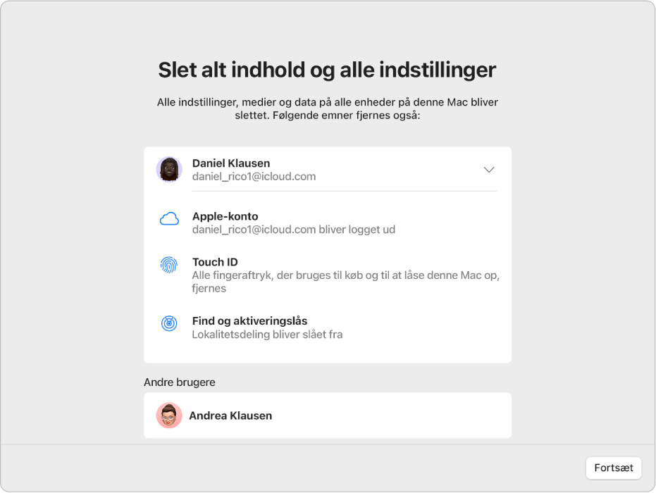 Et Mac-vindue, der viser assistenten Slet alt indhold og alle indstillinger.