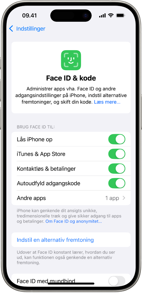 Skærmen Face ID på iPhone, der viser, hvad Face ID kan bruges til, f.eks. Lås iPhone op, iTunes & App Store, Wallet & Apple Pay og Autoudfyld adgangskode.