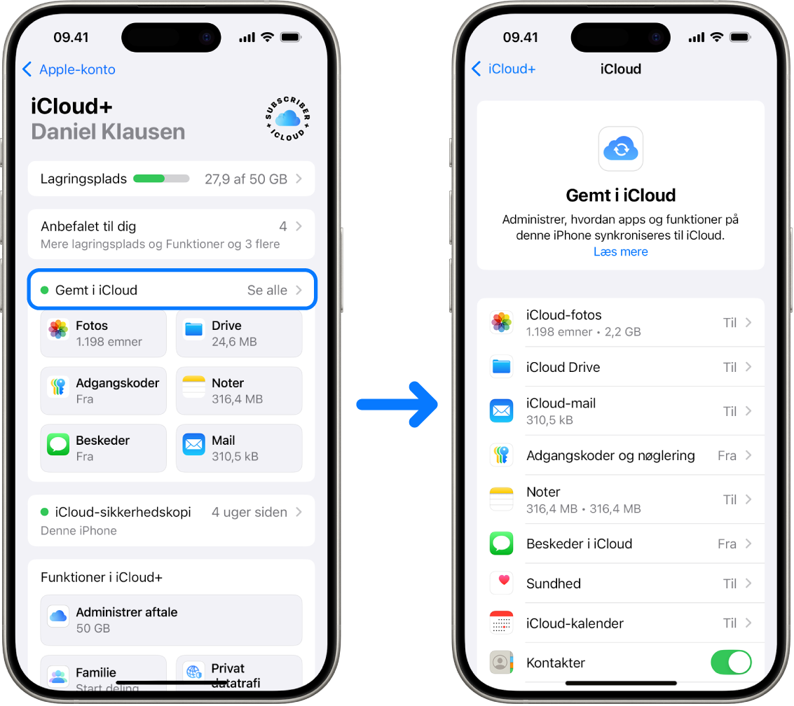 En iPhone viser en Apple-konto, der er logget ind på, med forskellige iCloud-tjenester slået til.