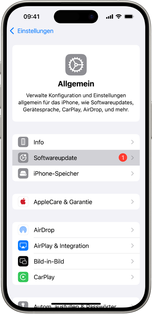 iPhone-Bildschirm, auf dem ein verfügbares Softwareupdate angezeigt wird.