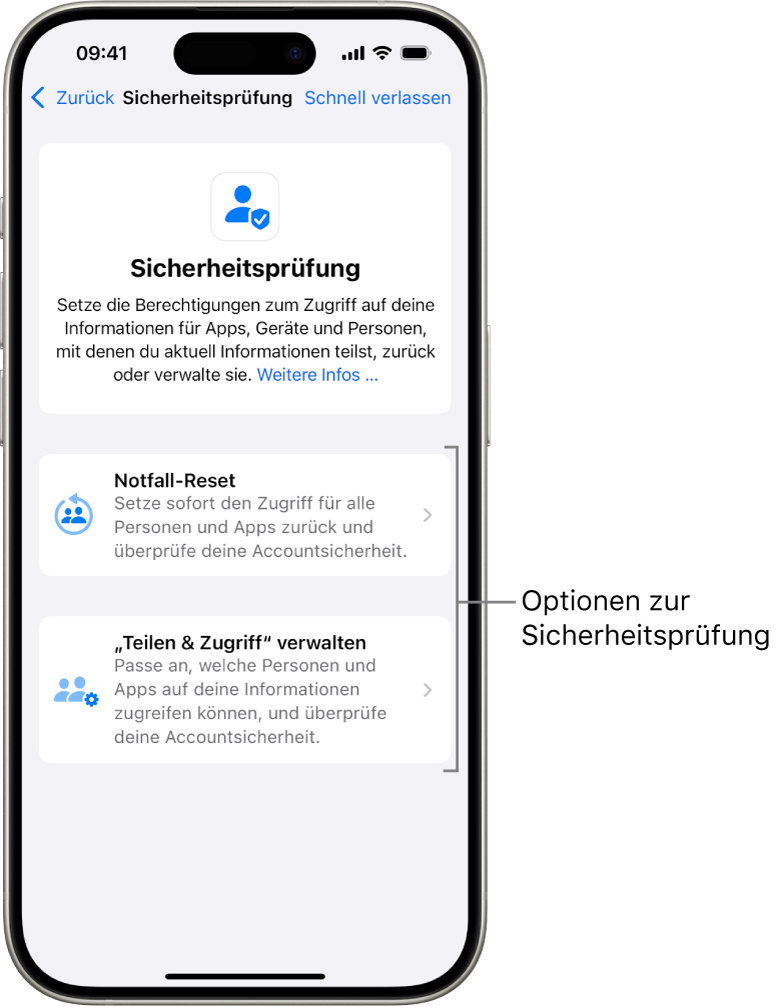 Ein Bildschirm zeigt die zwei Optionen, die mit der Sicherheitsprüfung verfügbar sind: „Notfall-Reset“ und „,Teilen & Zugriff‘ verwalten“.