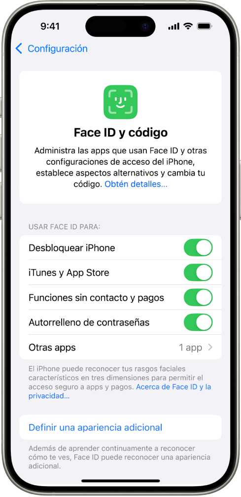 La pantalla de Face ID en el iPhone mostrando las cosas para las que se puede usar Face ID, como desbloquear el iPhone, iTunes y App Store, Wallet y Apple Pay, y el autorrelleno de contraseñas.