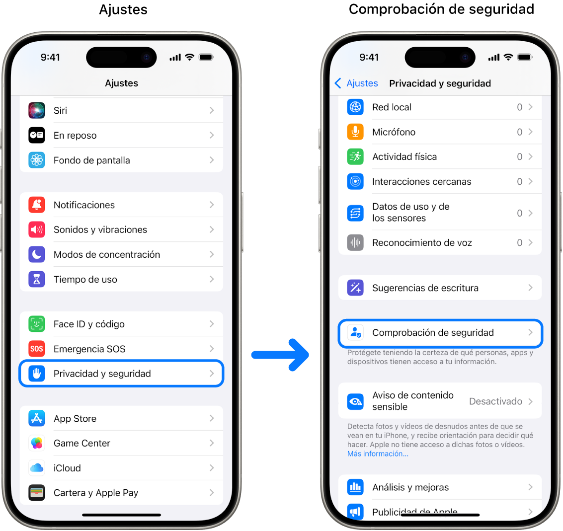 La forma en que se accede a la función de comprobación de seguridad desde la app Ajustes.