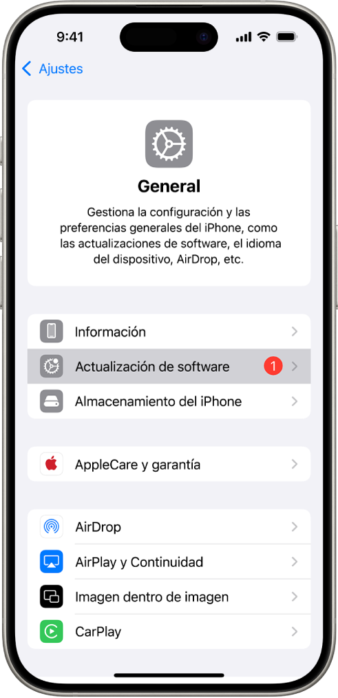 Pantalla de iPhone con una actualización de software disponible.