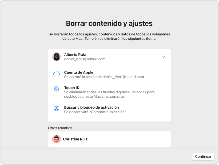 La ventana de un Mac con el asistente de “Borrar contenidos y ajustes”.