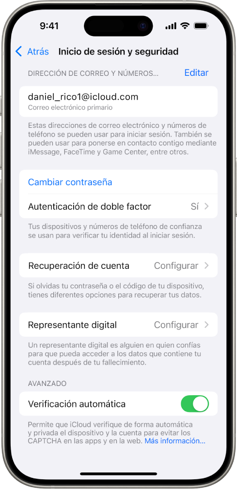 Pantalla de un iPhone que muestra la autenticación de doble factor desactivada.
