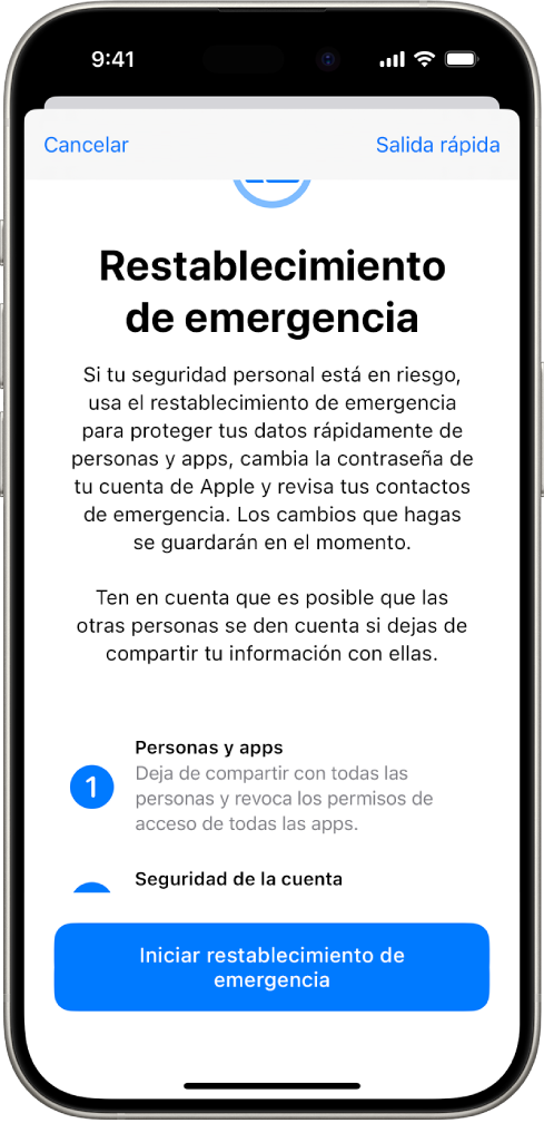 Una pantalla que muestra el botón para iniciar “Restablecimiento de emergencia”.