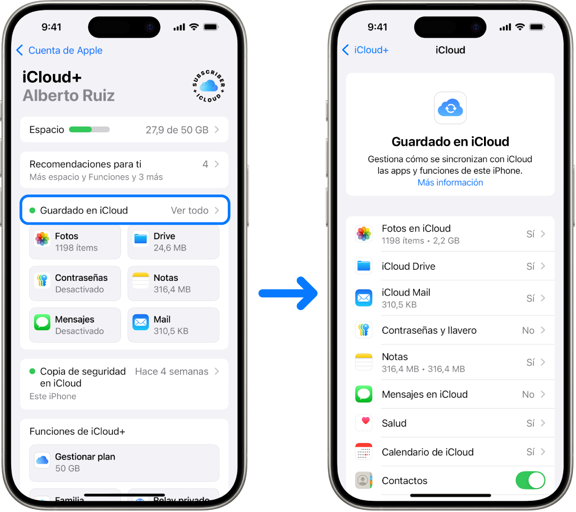 Un iPhone en el que se ha iniciado sesión con una cuenta de Apple con varios servicios de iCloud activados.
