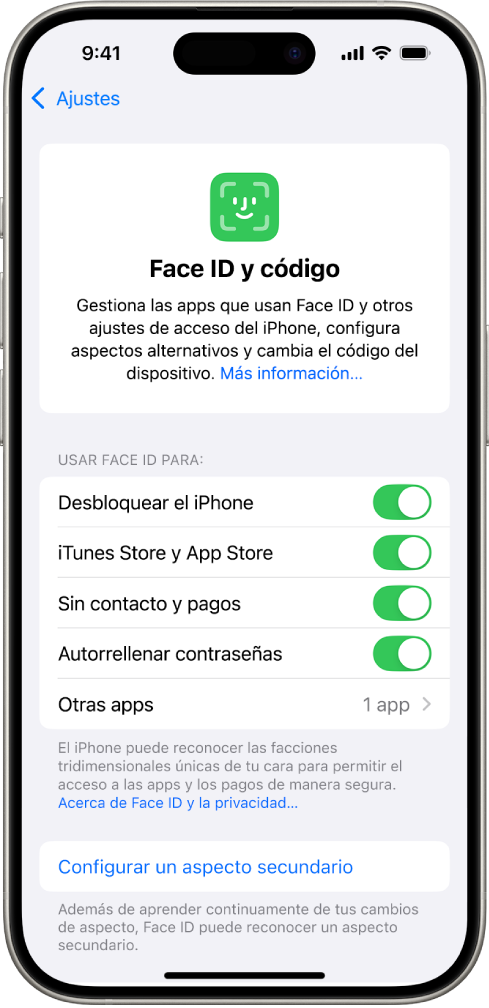 Pantalla “Face ID” del iPhone que muestra para qué se puede usar Face ID, como para desbloquear el iPhone, iTunes y App Store, Cartera y Apple Pay y la función de autorrelleno de contraseña.