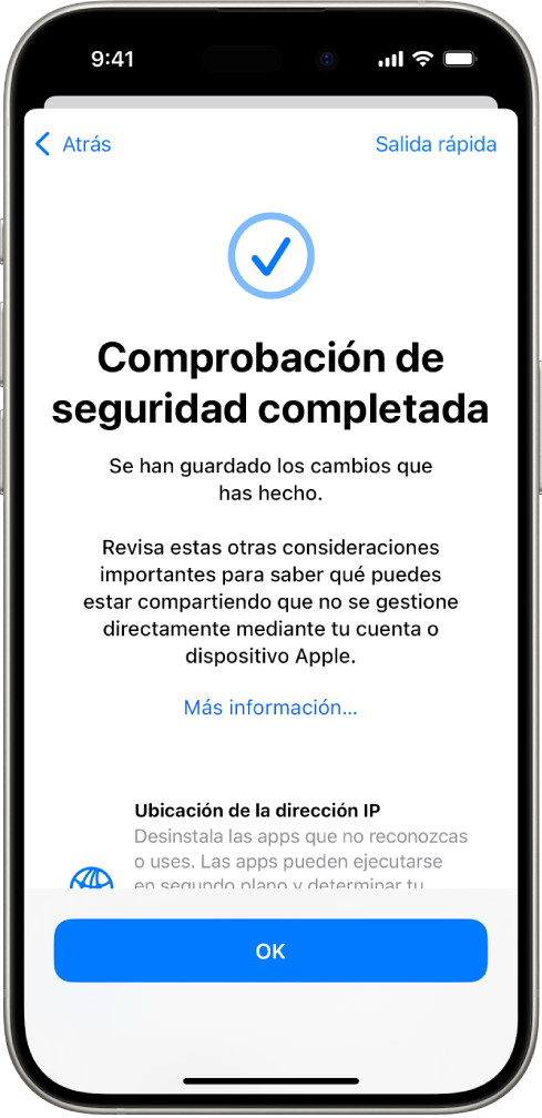 Una pantalla de comprobación de seguridad que muestra que se ha completado la operación de comprobación.