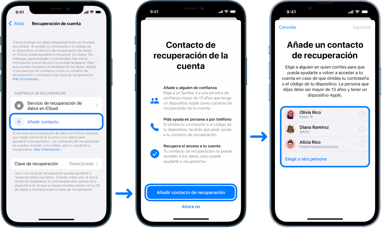 Las pantallas de tres iPhone en las que se muestra cómo añadir contactos de recuperación de la cuenta.