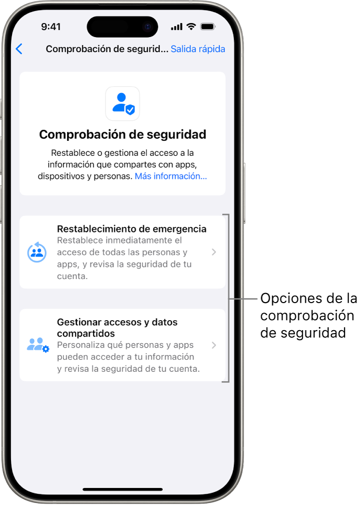 Una pantalla que muestra las dos opciones disponibles con la comprobación de seguridad: “Restablecimiento de emergencia” y “Gestionar accesos y datos compartidos”.