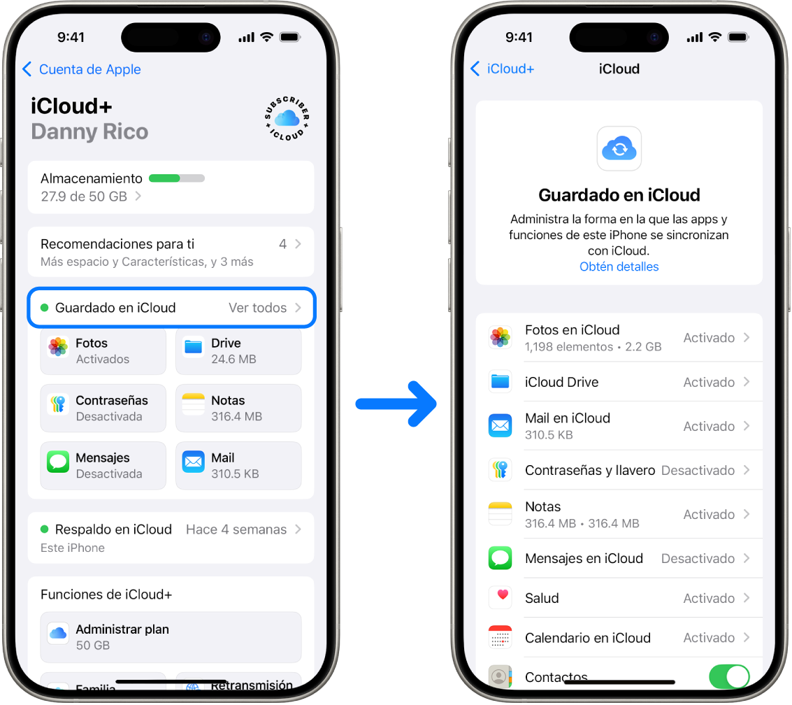 Un iPhone mostrando una cuenta de Apple con la sesión iniciada y con varios servicios de iCloud activados.