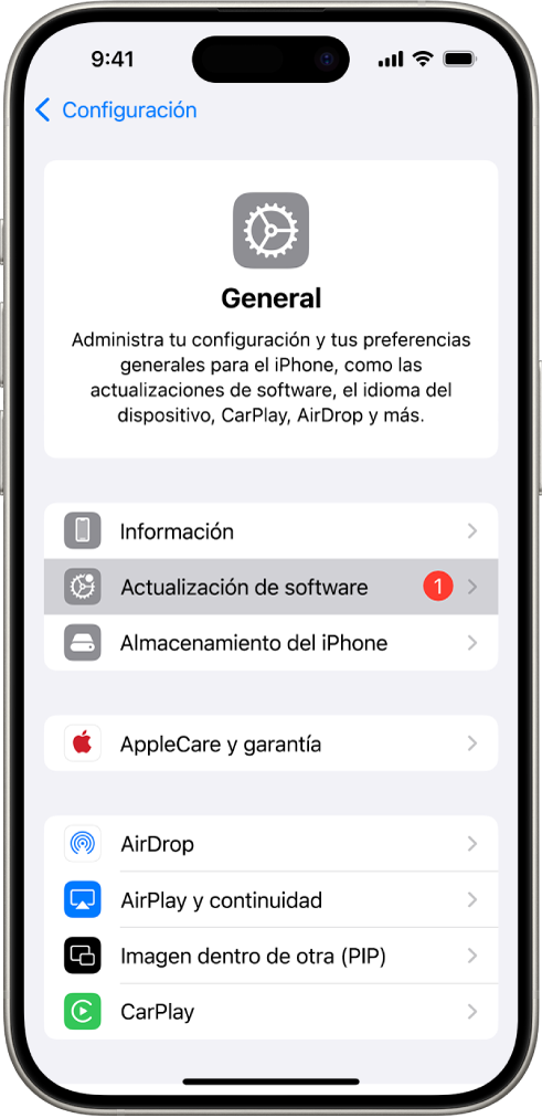La pantalla del iPhone mostrando que hay una actualización de software disponible.