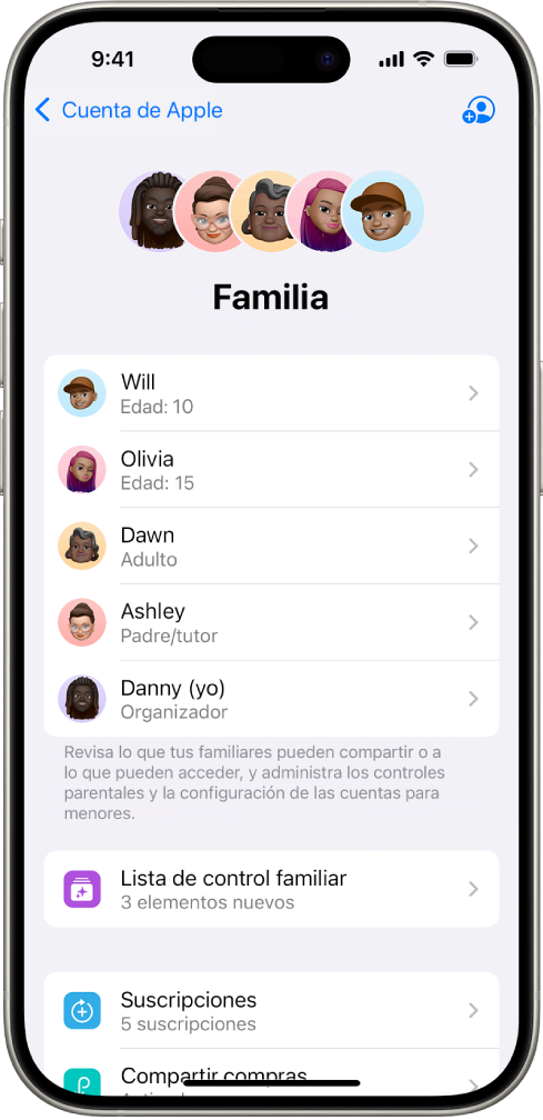 La pantalla de Compartir en familia en Configuración. Lista con 5 miembros de la familia y 4 suscripciones que se comparten con el grupo familiar.