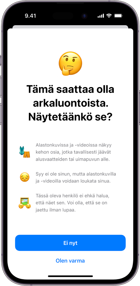 iPhone, jossa näkyy Arkaluontoisen sisällön varoitus ‑näyttö.