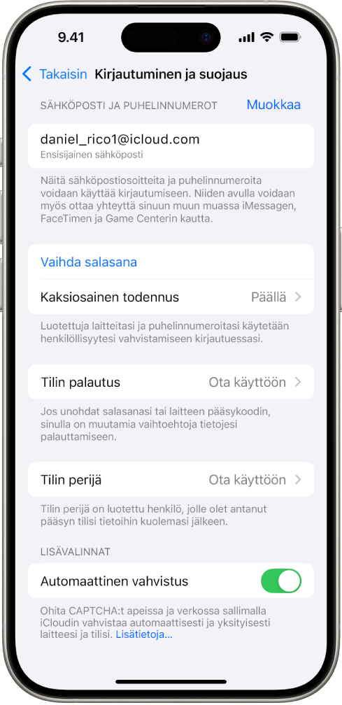 iPhonen näyttö, jossa kaksiosainen todennus on laitettu pois päältä.